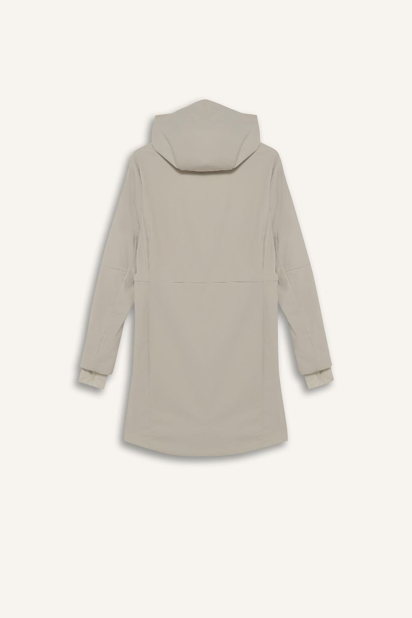 Kadın Bej Su İtici Softshell Slim Fit Dar Kesim Kapüşonlu Fermuarlı Cepli Parka