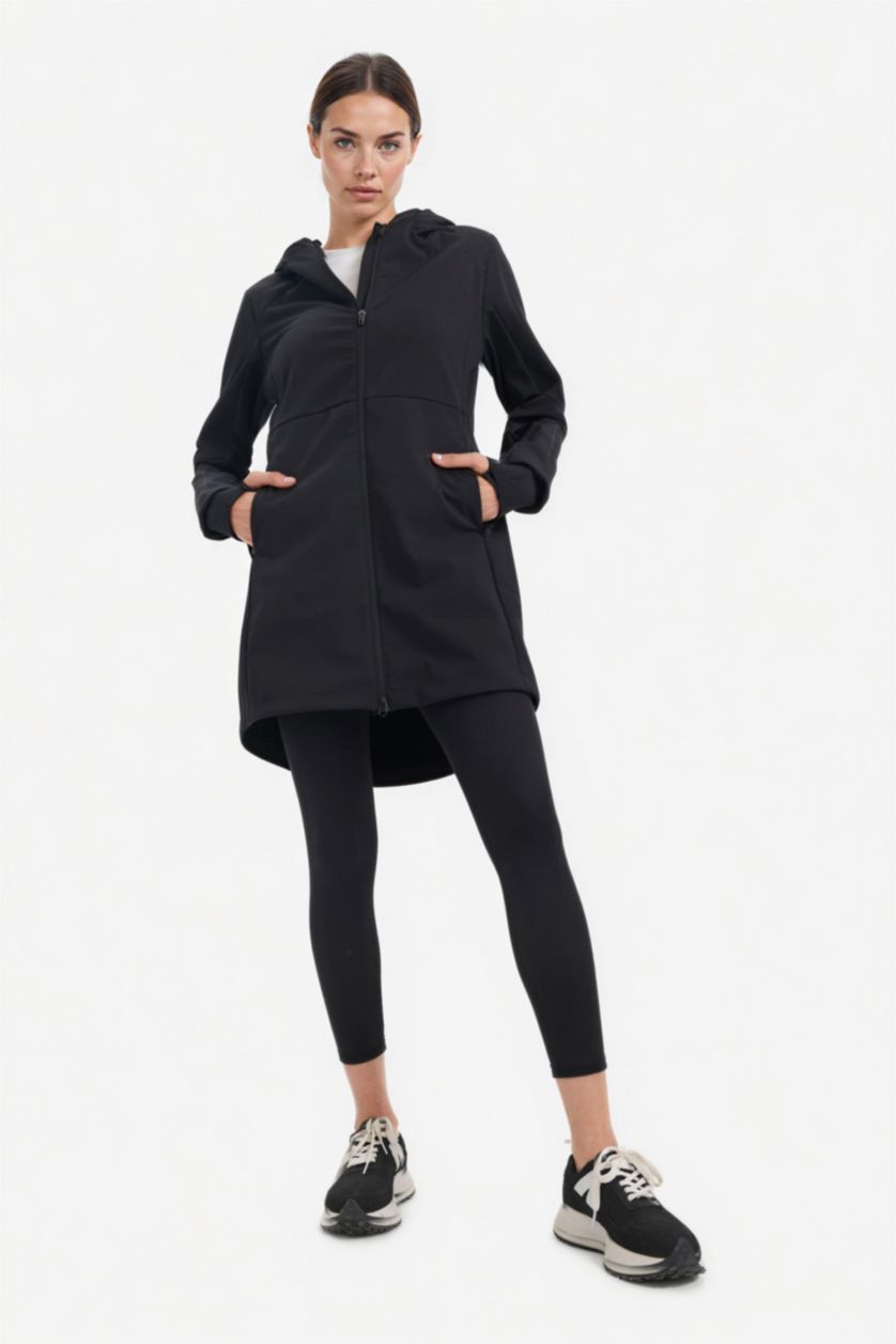 Kadın Siyah Su İtici Softshell Slim Fit Dar Kesim Kapüşonlu Fermuarlı Cepli Parka