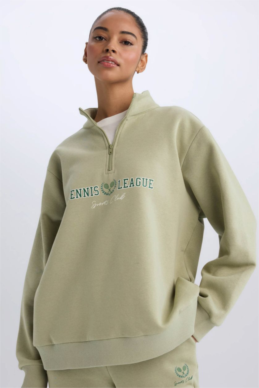 Kadın Açık Haki Oversize Geniş Kalıp Fermuarlı Dik Yaka Baskılı Kalın Sporcu Sweatshirt