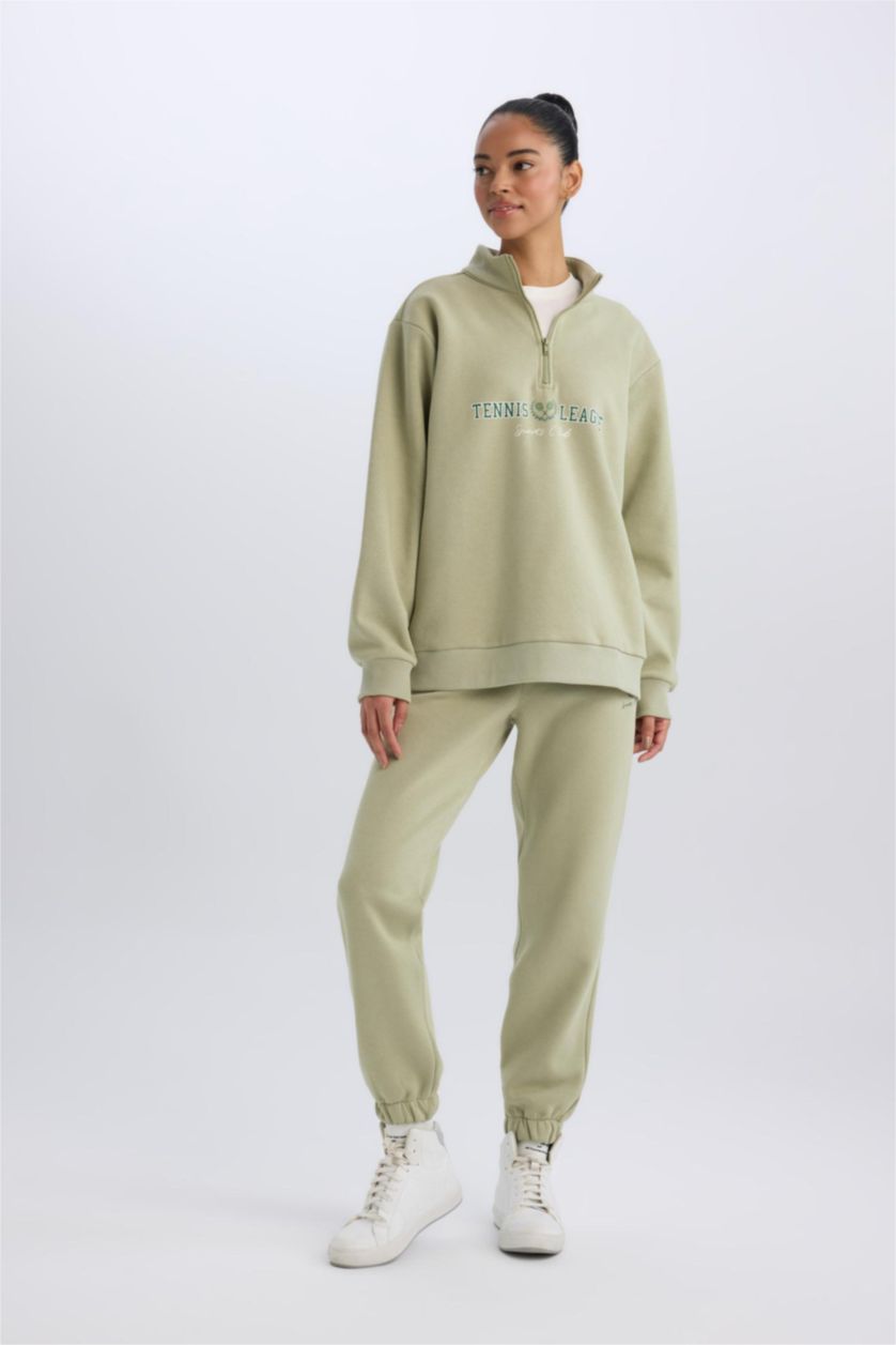 Kadın Açık Haki Oversize Geniş Kalıp Fermuarlı Dik Yaka Baskılı Kalın Sporcu Sweatshirt