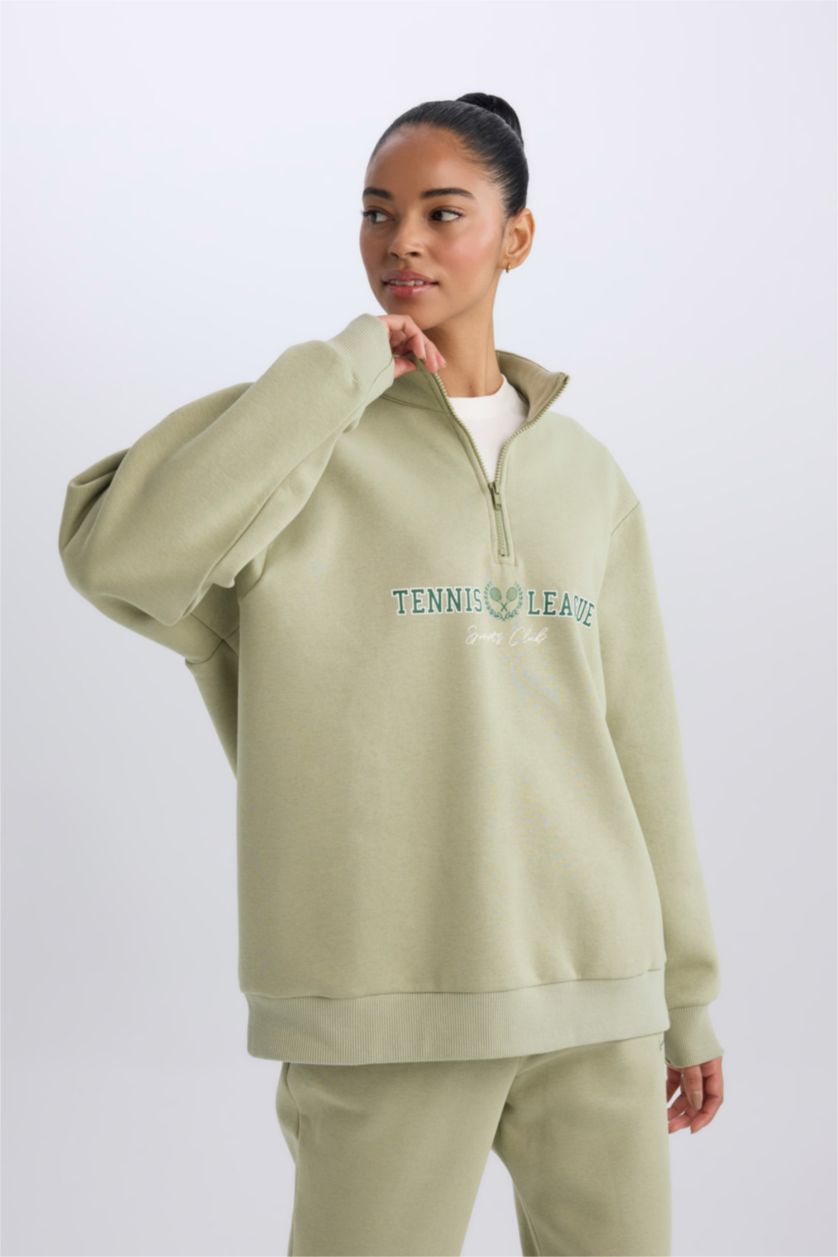 Kadın Açık Haki Oversize Geniş Kalıp Fermuarlı Dik Yaka Baskılı Kalın Sporcu Sweatshirt