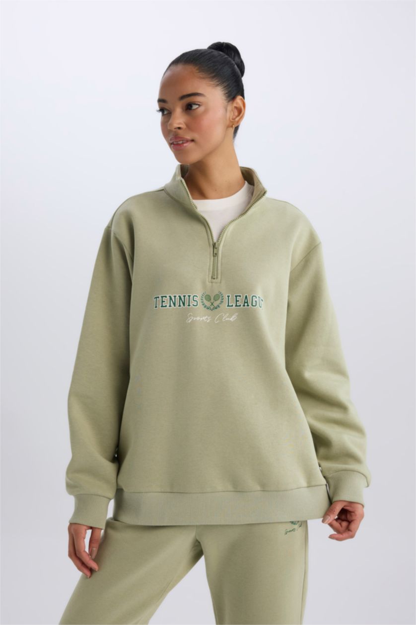 Kadın Açık Haki Oversize Geniş Kalıp Fermuarlı Dik Yaka Baskılı Kalın Sporcu Sweatshirt