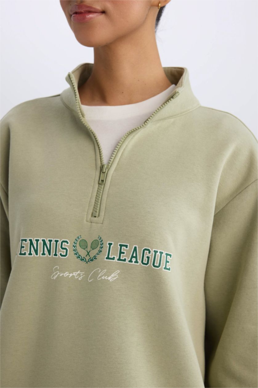 Kadın Açık Haki Oversize Geniş Kalıp Fermuarlı Dik Yaka Baskılı Kalın Sporcu Sweatshirt