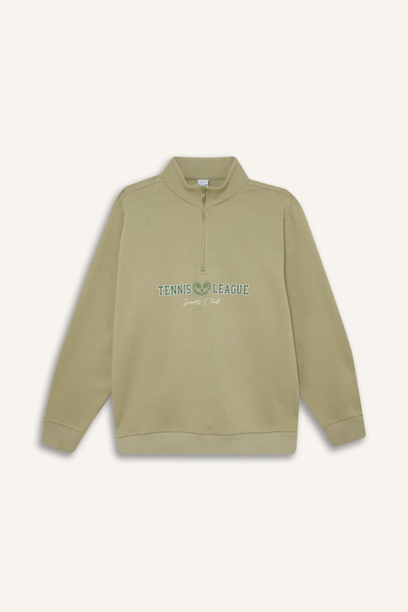 Kadın Açık Haki Oversize Geniş Kalıp Fermuarlı Dik Yaka Baskılı Kalın Sporcu Sweatshirt