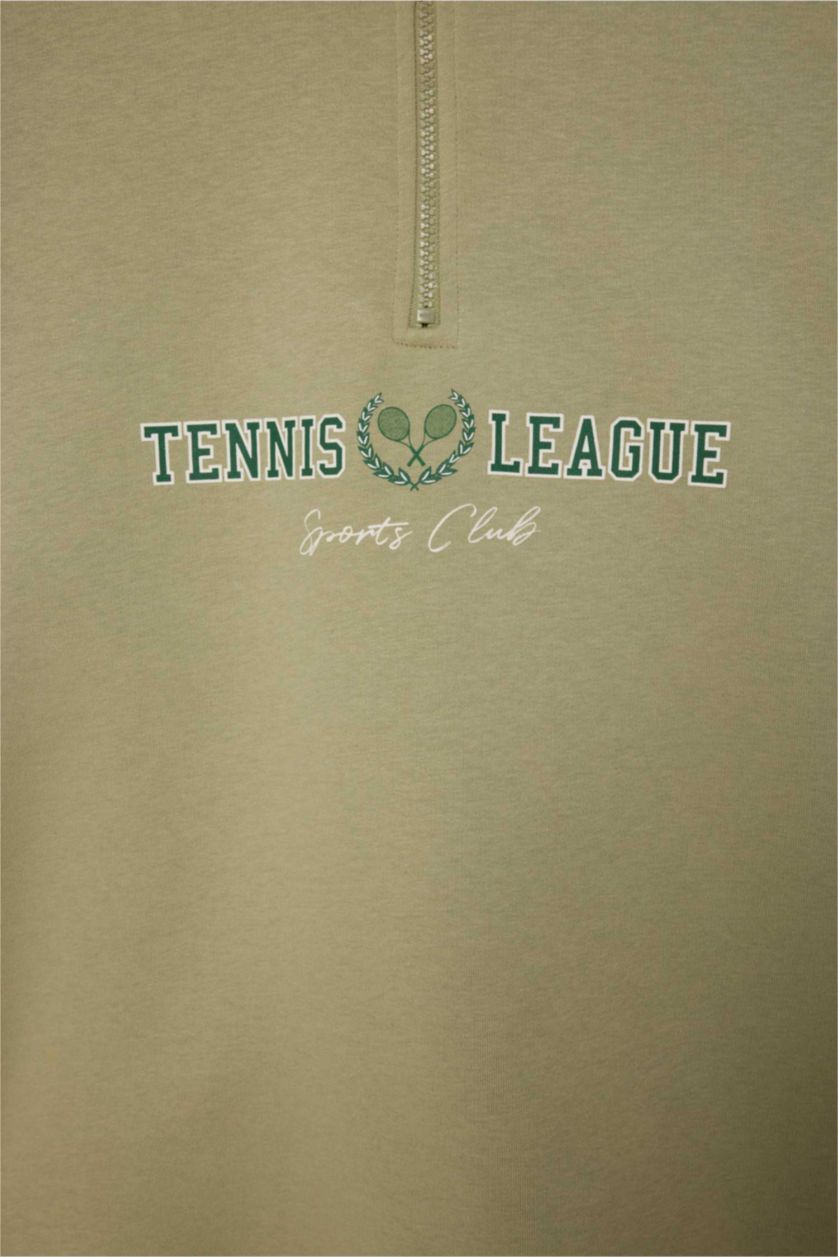 Kadın Açık Haki Oversize Geniş Kalıp Fermuarlı Dik Yaka Baskılı Kalın Sporcu Sweatshirt