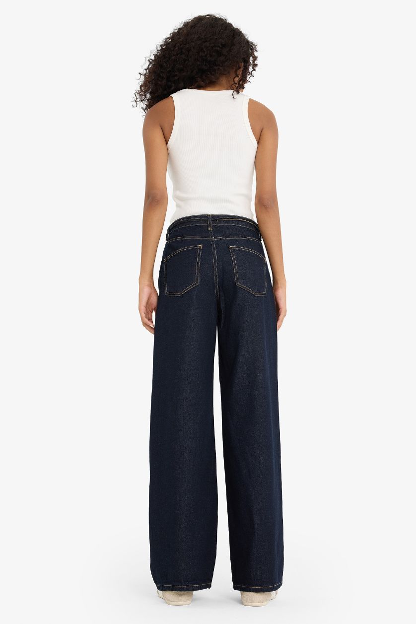 Kadın Mavi Siyah Wide Leg Geniş Paça Bağcıklı Uzun Jean Pantolon