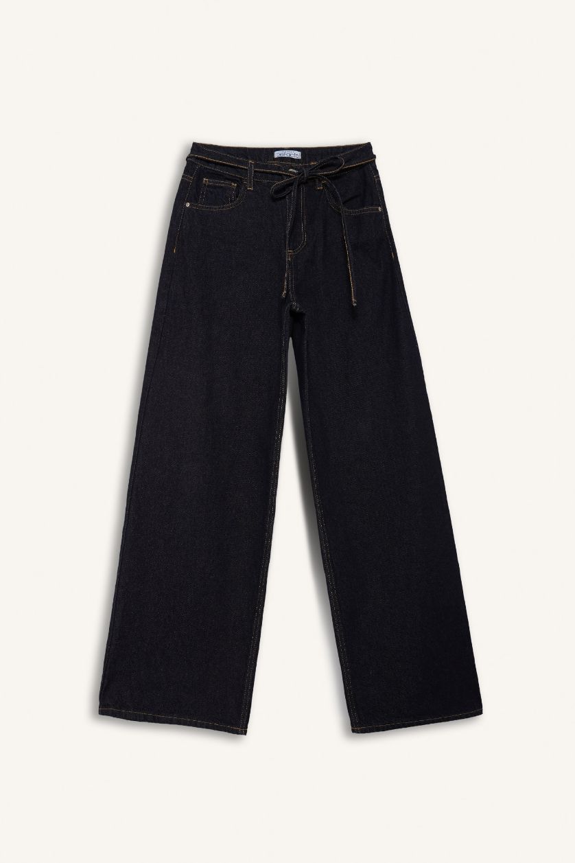 Kadın Mavi Siyah Wide Leg Geniş Paça Bağcıklı Uzun Jean Pantolon