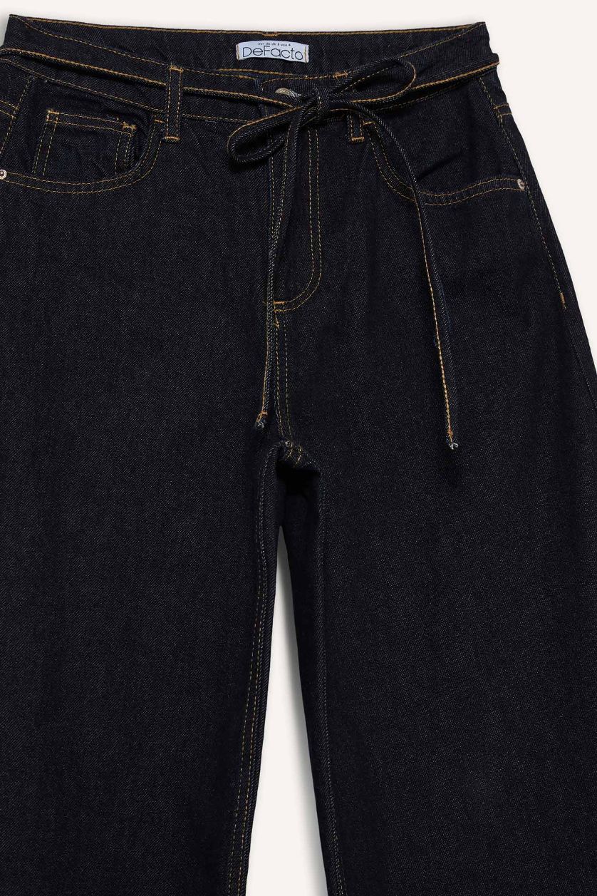 Kadın Mavi Siyah Wide Leg Geniş Paça Bağcıklı Uzun Jean Pantolon