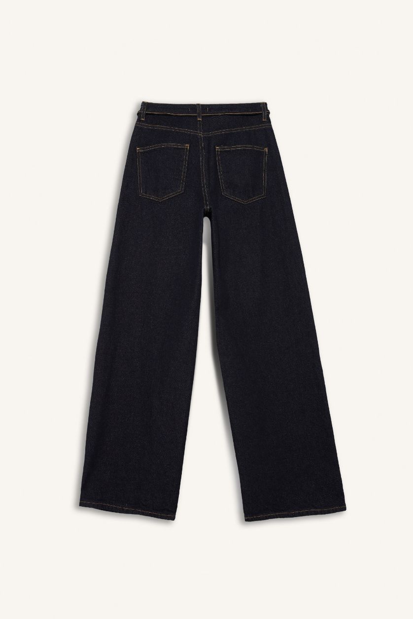 Kadın Mavi Siyah Wide Leg Geniş Paça Bağcıklı Uzun Jean Pantolon