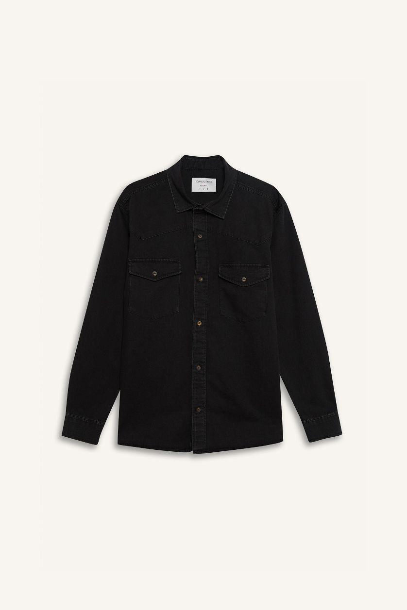 Erkek Siyah %100 Pamuk Regular Fit Jean Uzun Kollu İnce Gömlek