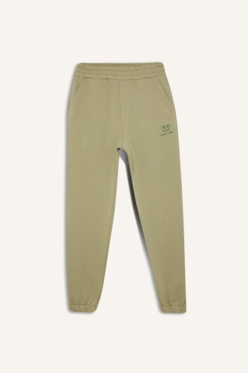 Kadın Açık Haki Kalın Sporcu Jogger Eşofman Altı Cepli Baskılı Standart Boy