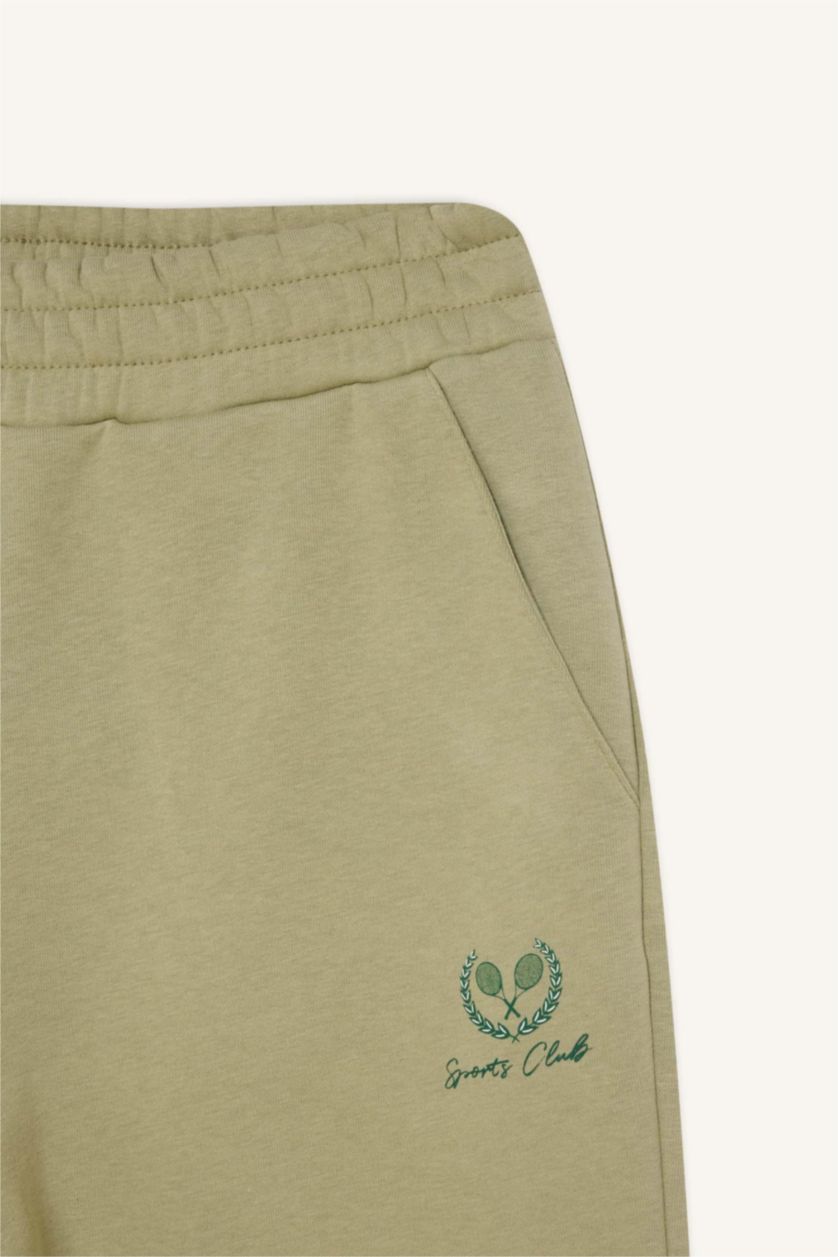 Kadın Açık Haki Kalın Sporcu Jogger Eşofman Altı Cepli Baskılı Standart Boy