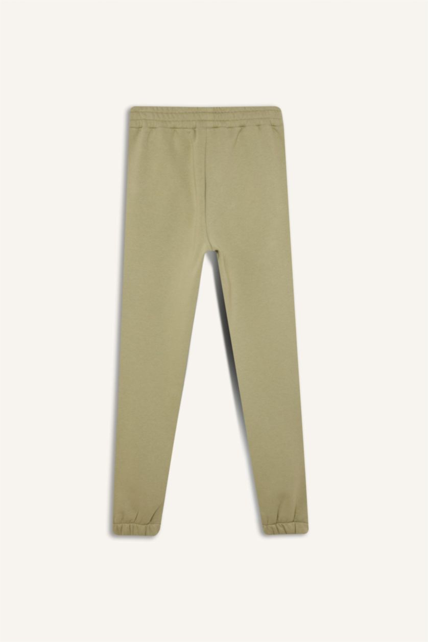 Kadın Açık Haki Kalın Sporcu Jogger Eşofman Altı Cepli Baskılı Standart Boy