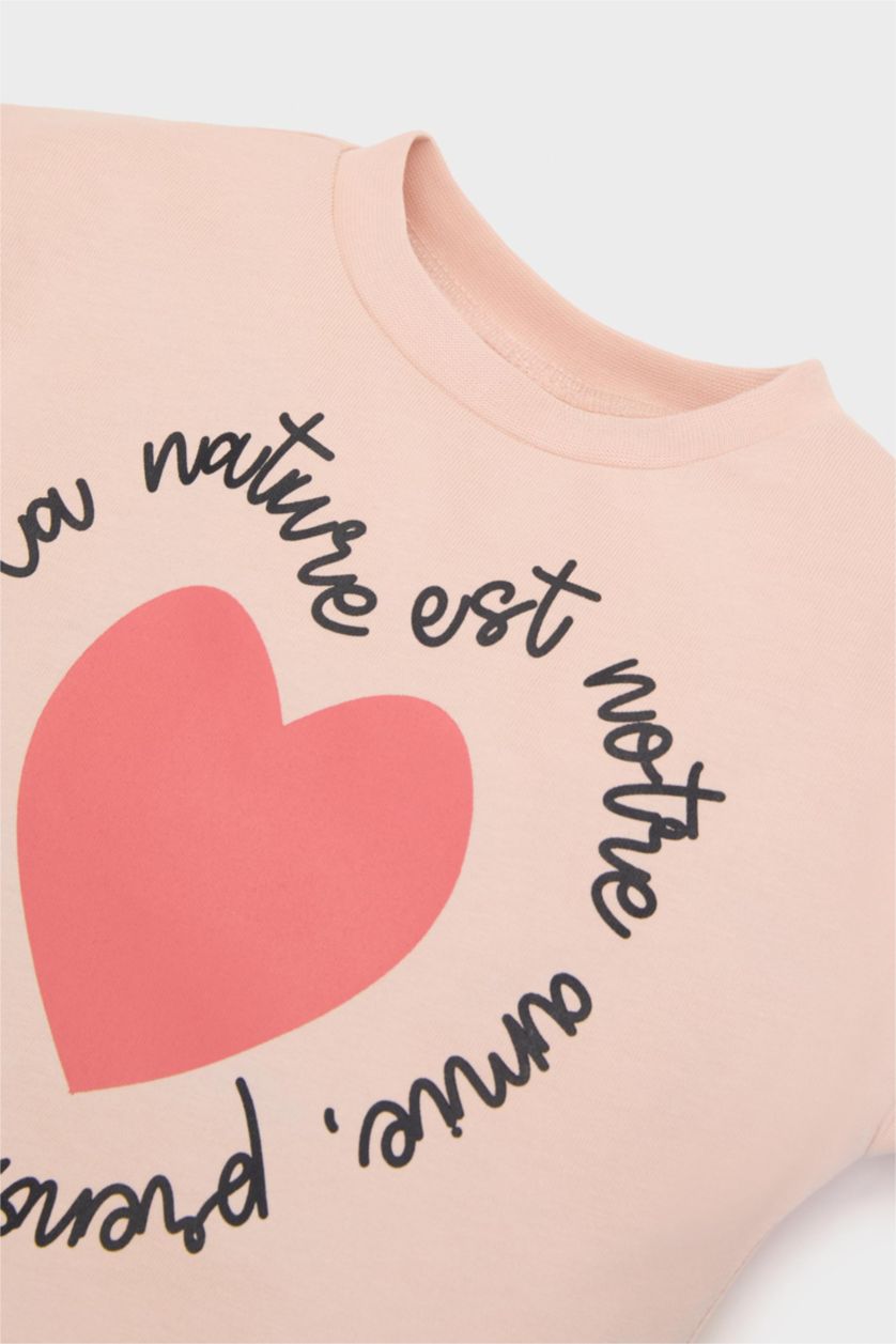 Kız Bebek Açık Pembe 2'li Takım Kalp Baskılı Uzun Kollu Tişört Beli Lastikli Alt Kız Bebek