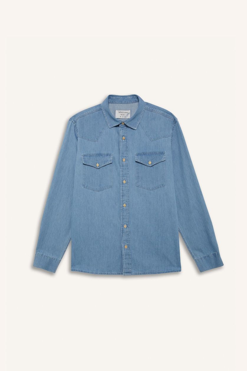 رجال أزرق فاتح قميص جينز ردن طويل قصة عادية