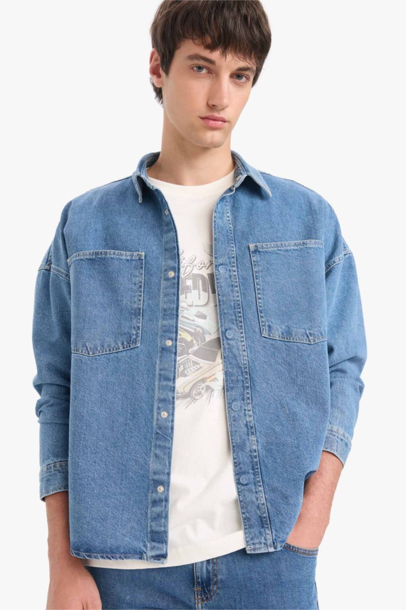 Erkek Mavi %100 Pamuk Oversize Uzun Kollu Gömlek