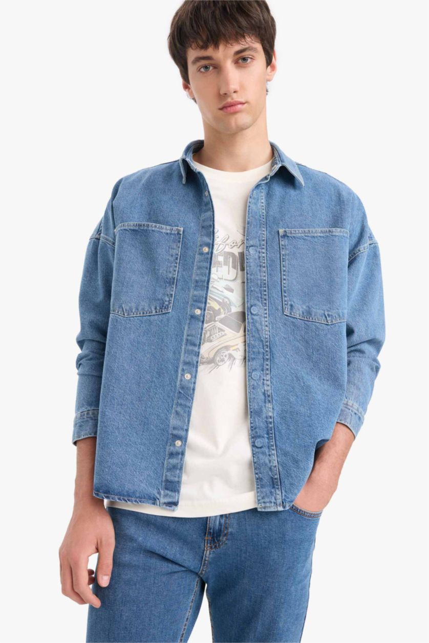 Erkek Mavi %100 Pamuk Oversize Uzun Kollu Gömlek