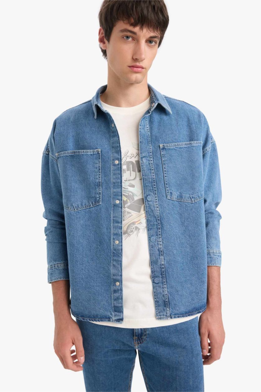 Erkek Mavi %100 Pamuk Oversize Uzun Kollu Gömlek