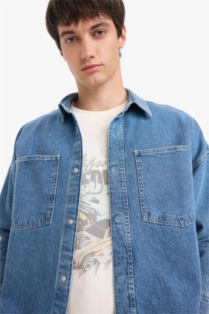 Erkek Mavi %100 Pamuk Oversize Uzun Kollu Gömlek