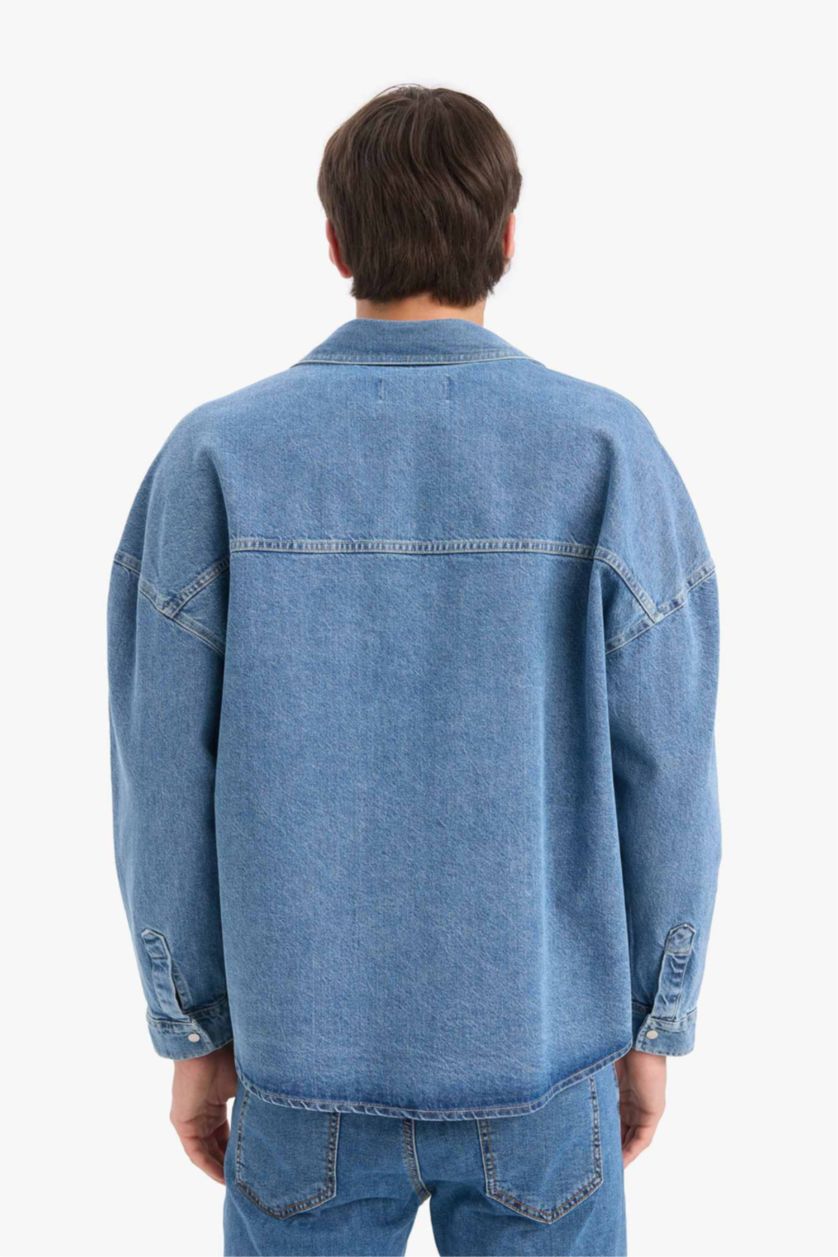 Erkek Mavi %100 Pamuk Oversize Uzun Kollu Gömlek