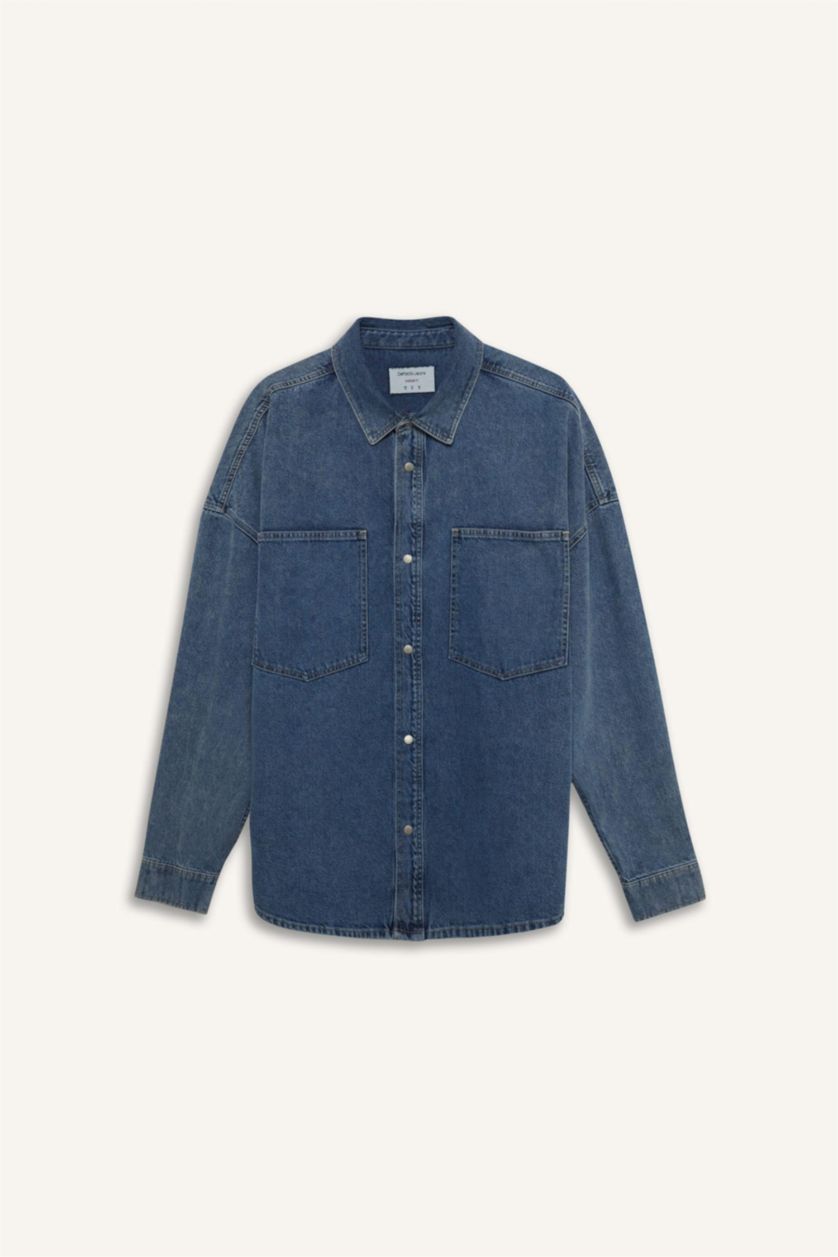 Erkek Mavi %100 Pamuk Oversize Uzun Kollu Gömlek
