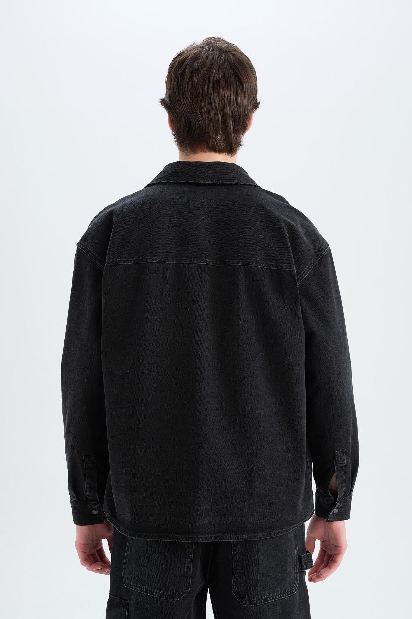 Erkek Siyah %100 Pamuk Oversize Geniş Kalıp Jean Uzun Kollu Gömlek