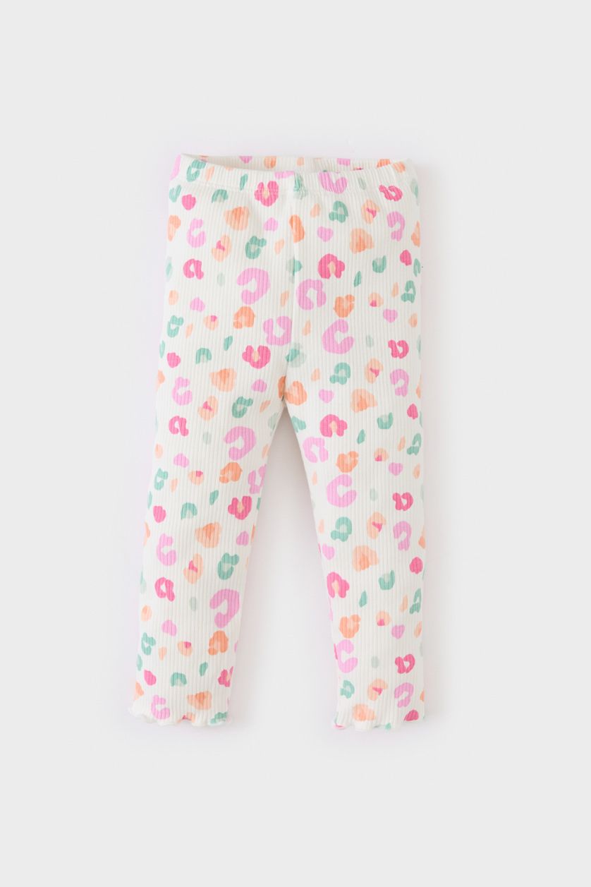 طفلة صغيرة بيج فاتح طقم تيشيرت مطبوع مضلع سروال ضيق - قطعتين