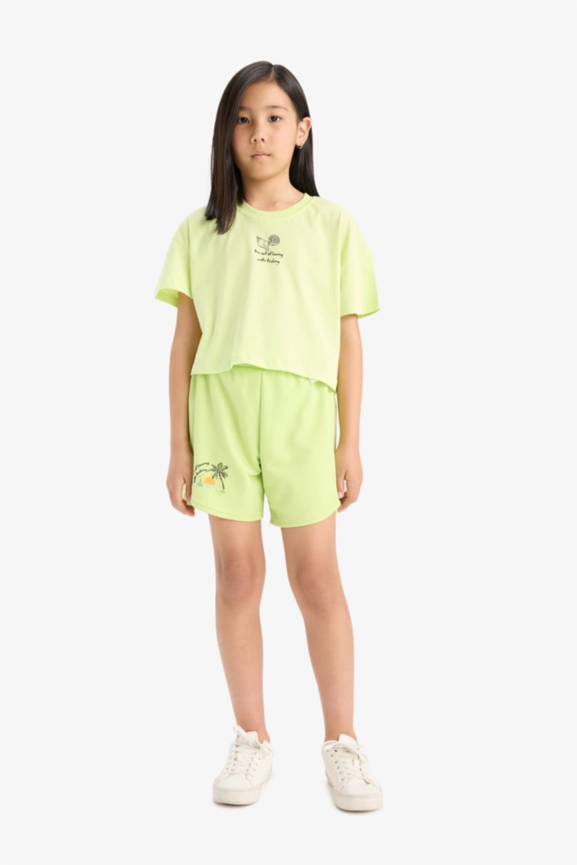 GIRLS & TEENS Light Green Girl Elastic Waist Printed Shorts	