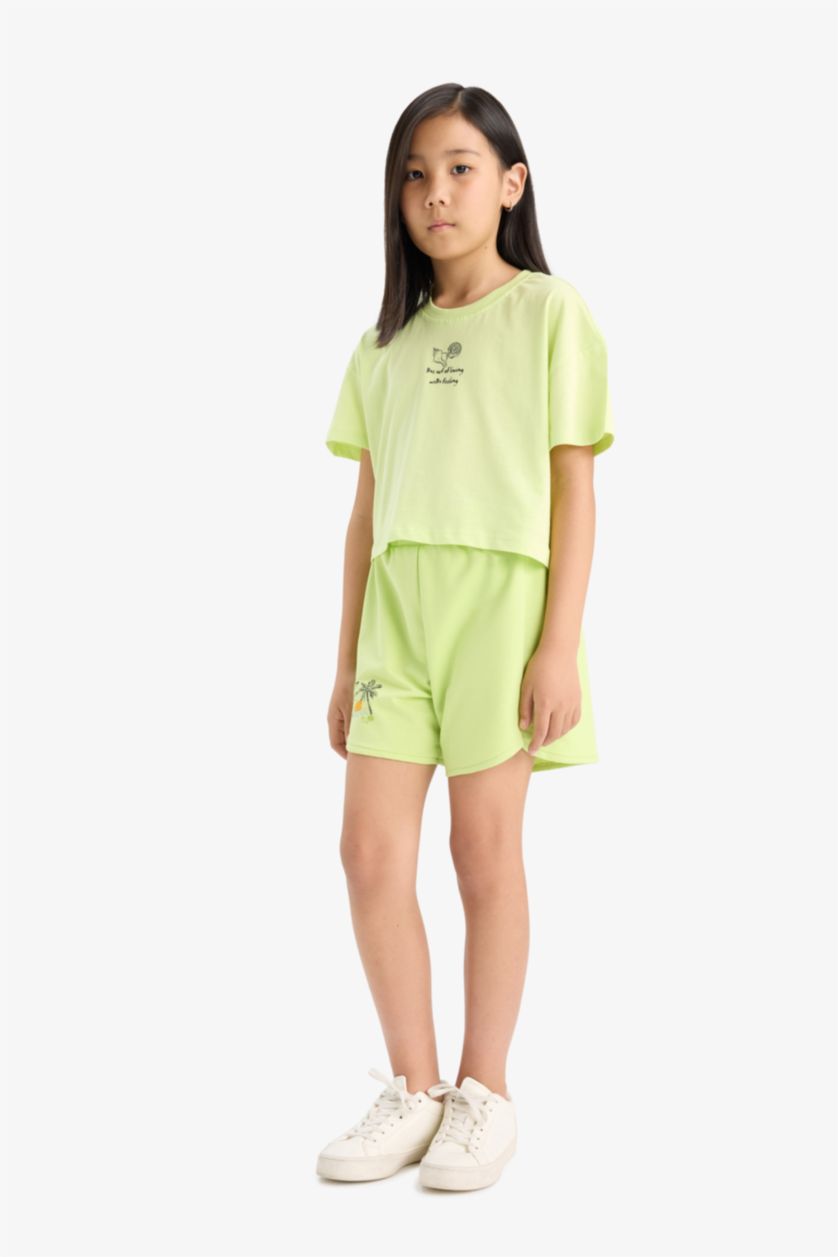 GIRLS & TEENS Light Green Girl Elastic Waist Printed Shorts	