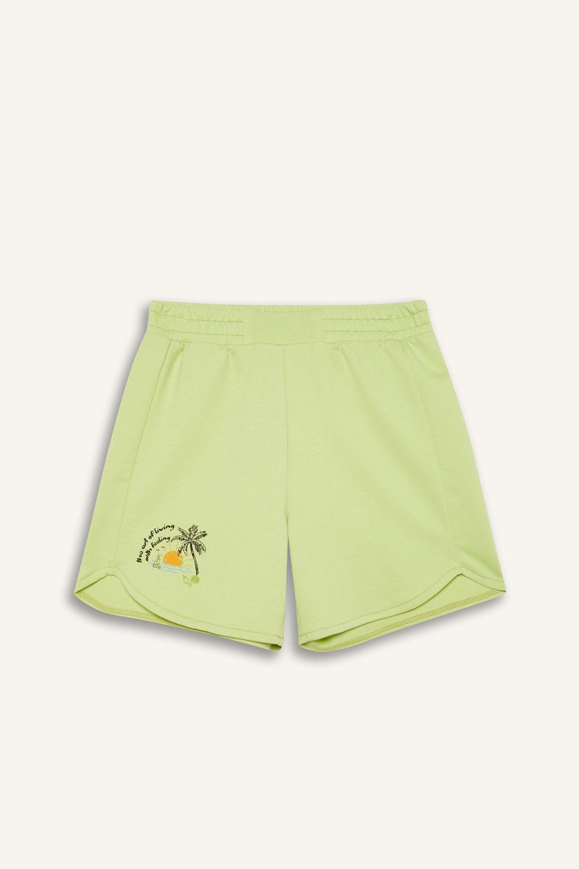 Kız Çocuk - Genç Kız Açık Yeşil Beli Lastikli Baskılı Şort Kız Çocuk