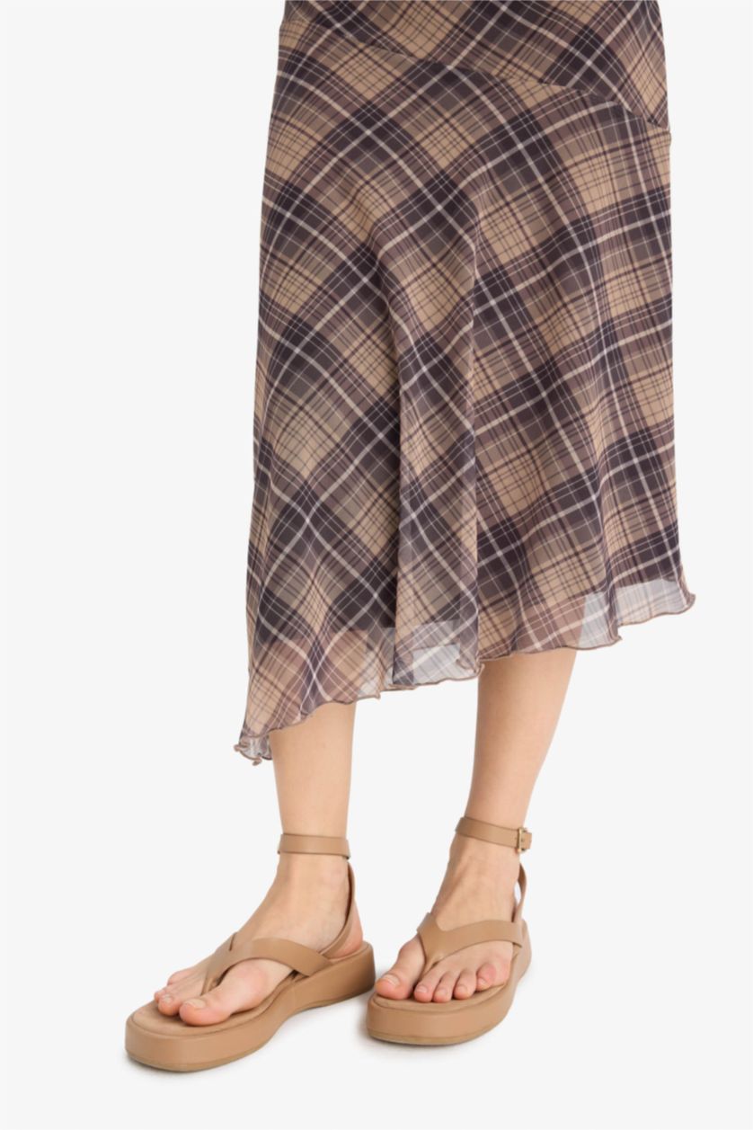 نساء بني فاتح فستان ميدي كاروهات تول غير متماثل