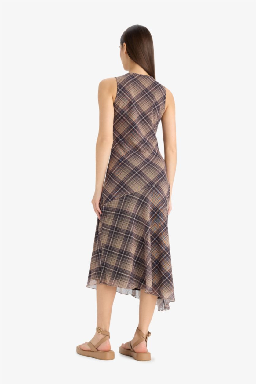 نساء بني فاتح فستان ميدي كاروهات تول غير متماثل