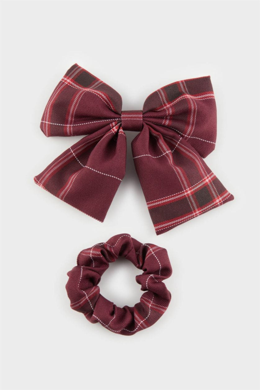 Kadın Bordo Kadın 2'li Ekose Desenli Toka