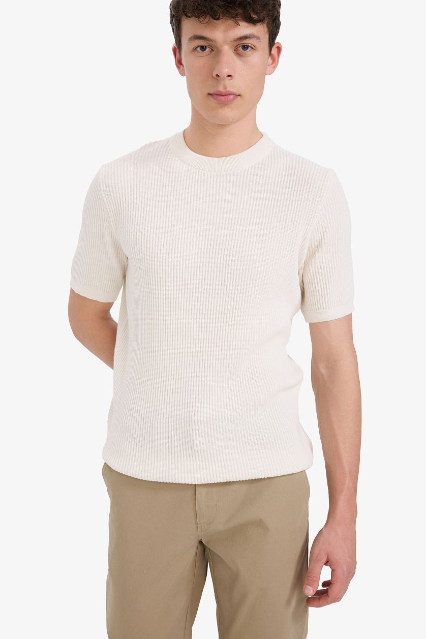 MAN Ecru Cotton Standard Fit Crew Neck Knitwear T-Shirt
