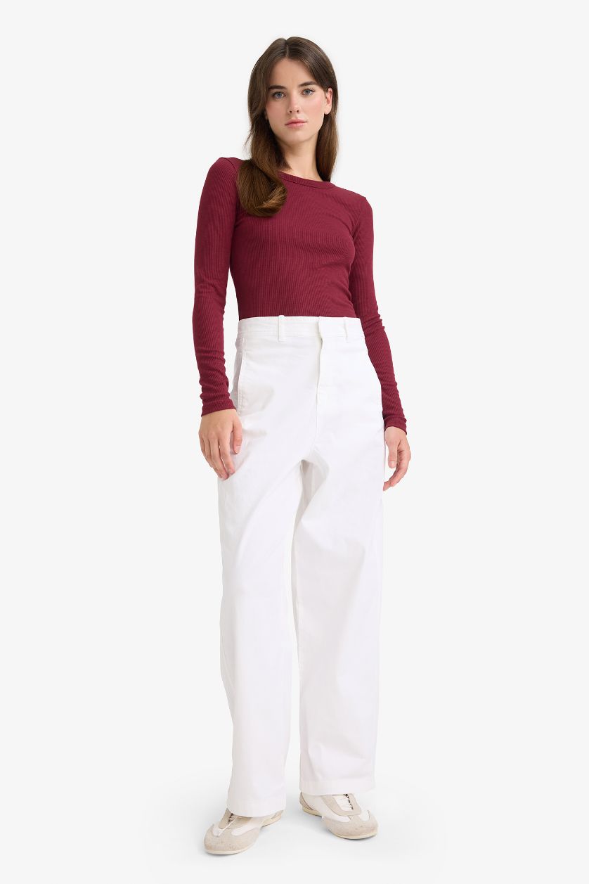 نساء خمري تيشيرت ردن طويل سادة بيزك مضلع سليم فيت