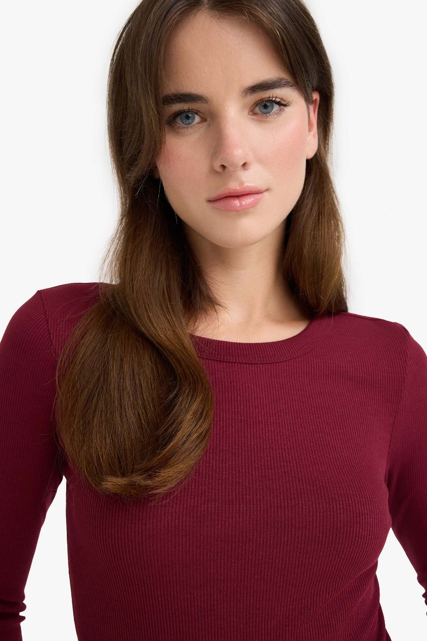 نساء خمري تيشيرت ردن طويل سادة بيزك مضلع سليم فيت