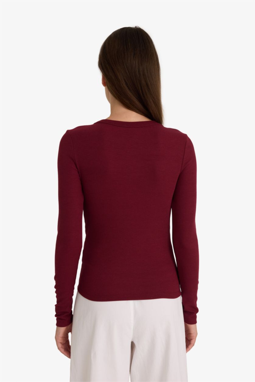 نساء خمري تيشيرت ردن طويل سادة بيزك مضلع سليم فيت