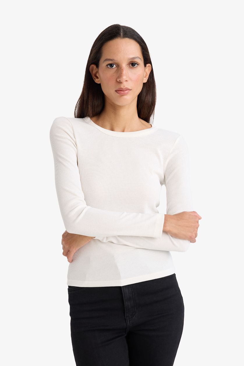 Kadın Ekru Slım Fıt Basıc Düz Fitilli Kaşkorse Uzun Kollu Tişört