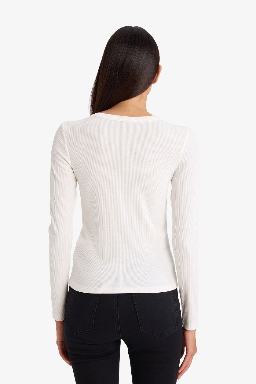 Kadın Ekru Slım Fıt Basıc Düz Fitilli Kaşkorse Uzun Kollu Tişört