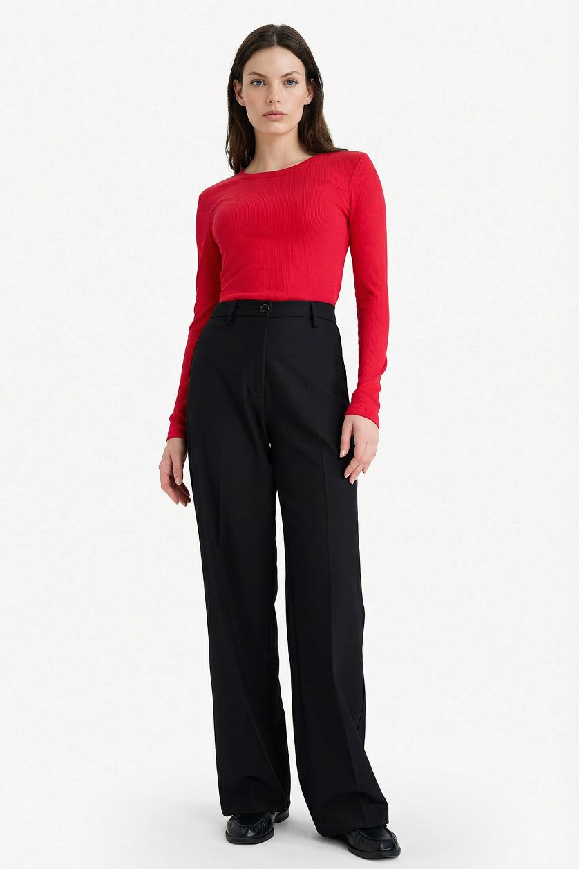 Kadın Kırmızı Slım Fıt Basıc Düz Fitilli Kaşkorse Uzun Kollu Tişört