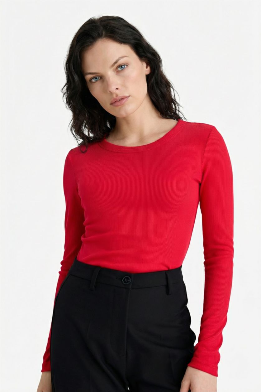 Kadın Kırmızı Slım Fıt Basıc Düz Fitilli Kaşkorse Uzun Kollu Tişört