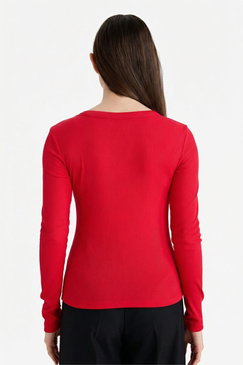 Kadın Kırmızı Slım Fıt Basıc Düz Fitilli Kaşkorse Uzun Kollu Tişört