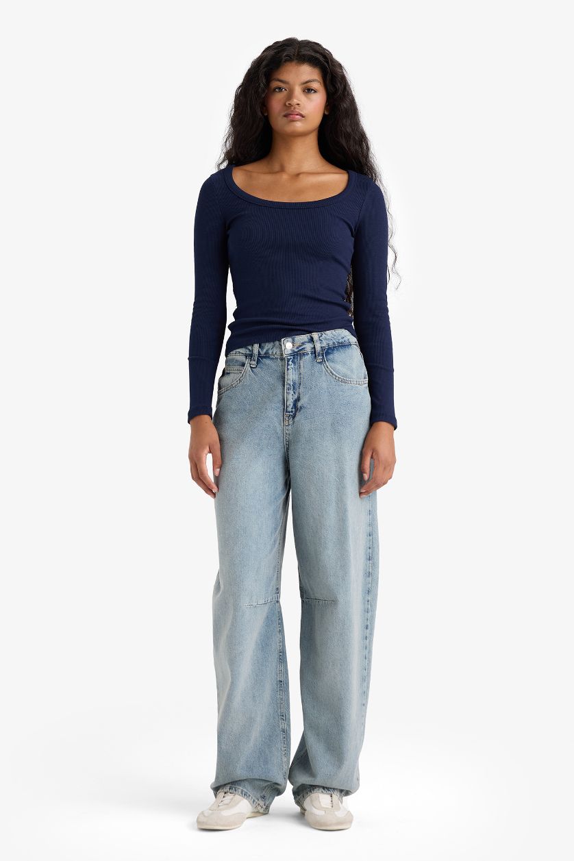 Woman NAVY Slim Fit Round Neck Basic Ribbed T-Shirt