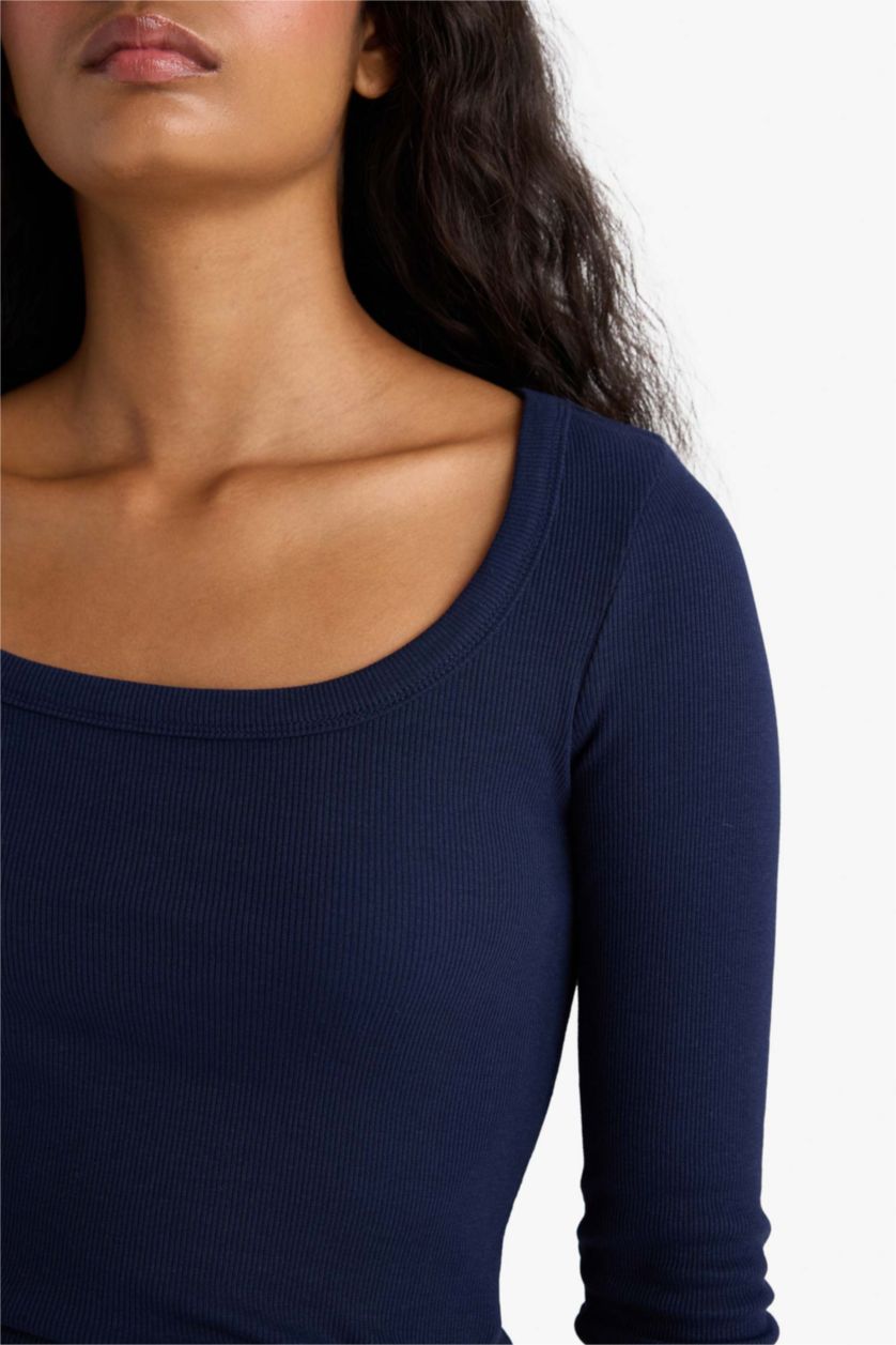Woman NAVY Slim Fit Round Neck Basic Ribbed T-Shirt