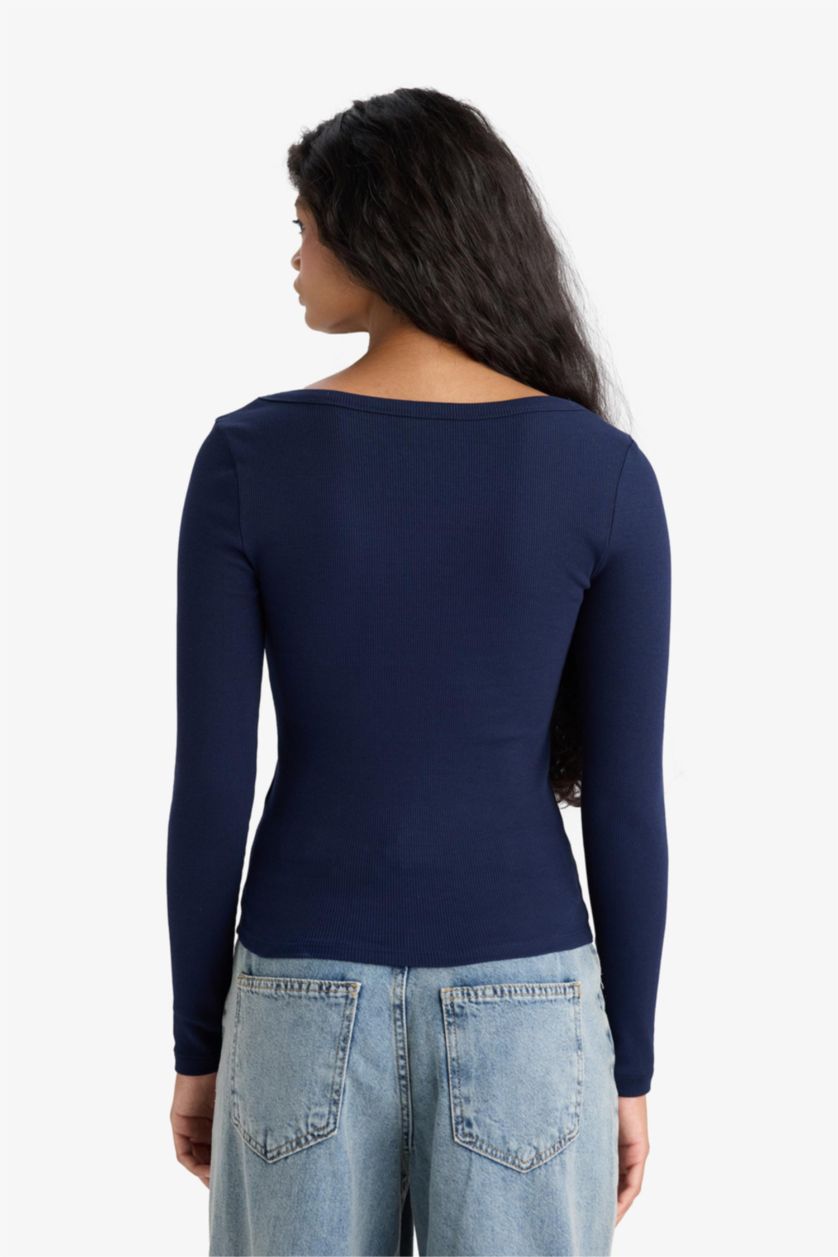 Woman NAVY Slim Fit Round Neck Basic Ribbed T-Shirt