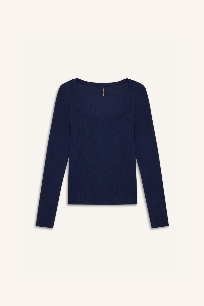 Kadın Lacivert Slim Fit Dar Kesim Basic Düz Fitilli Kaşkorse Uzun Kollu Tişört