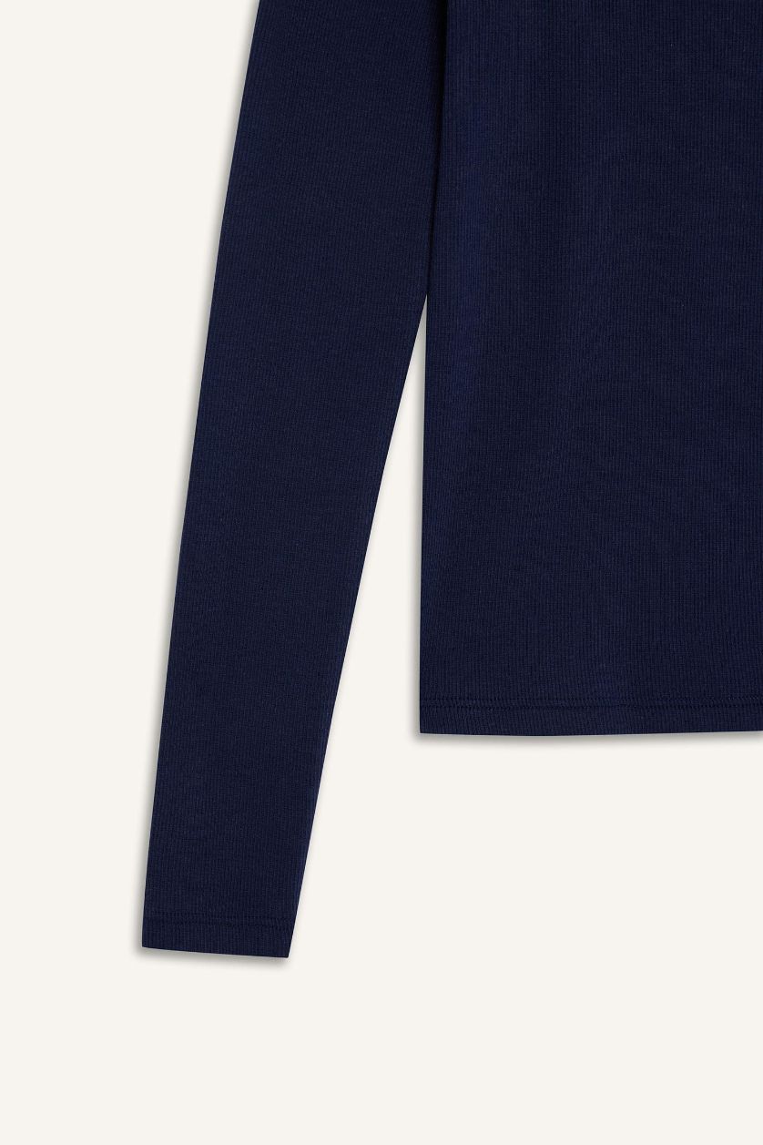 Kadın Lacivert Slim Fit Dar Kesim Basic Düz Fitilli Kaşkorse Uzun Kollu Tişört