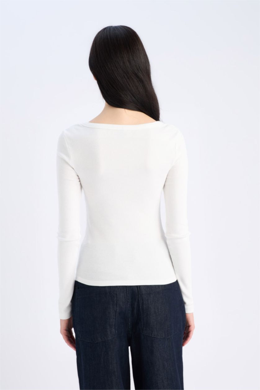 Kadın Kırık Beyaz Slim Fit Dar Kesim Basic Düz Fitilli Kaşkorse Uzun Kollu Beyaz Tişört