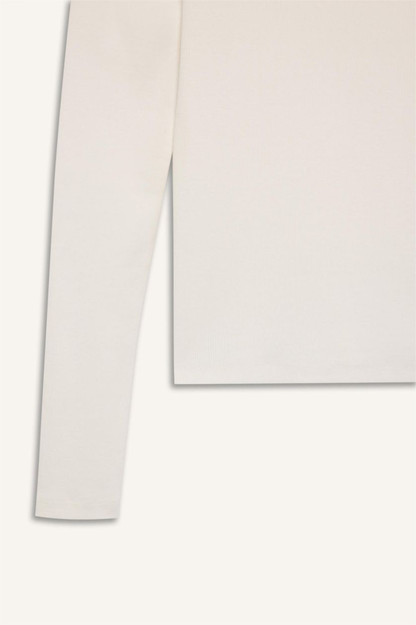 Kadın Kırık Beyaz Slim Fit Dar Kesim Basic Düz Fitilli Kaşkorse Uzun Kollu Beyaz Tişört