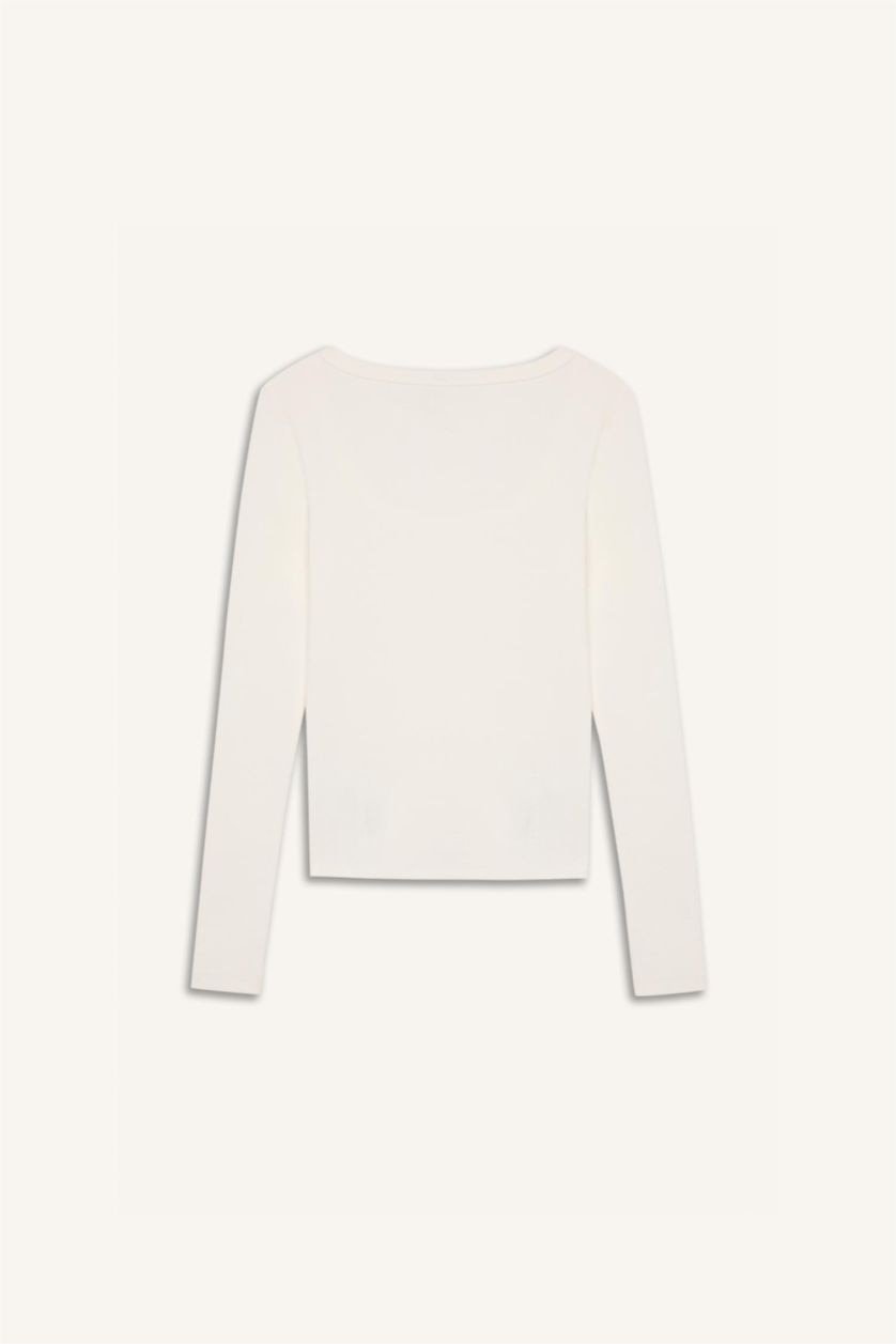 Kadın Kırık Beyaz Slim Fit Dar Kesim Basic Düz Fitilli Kaşkorse Uzun Kollu Beyaz Tişört